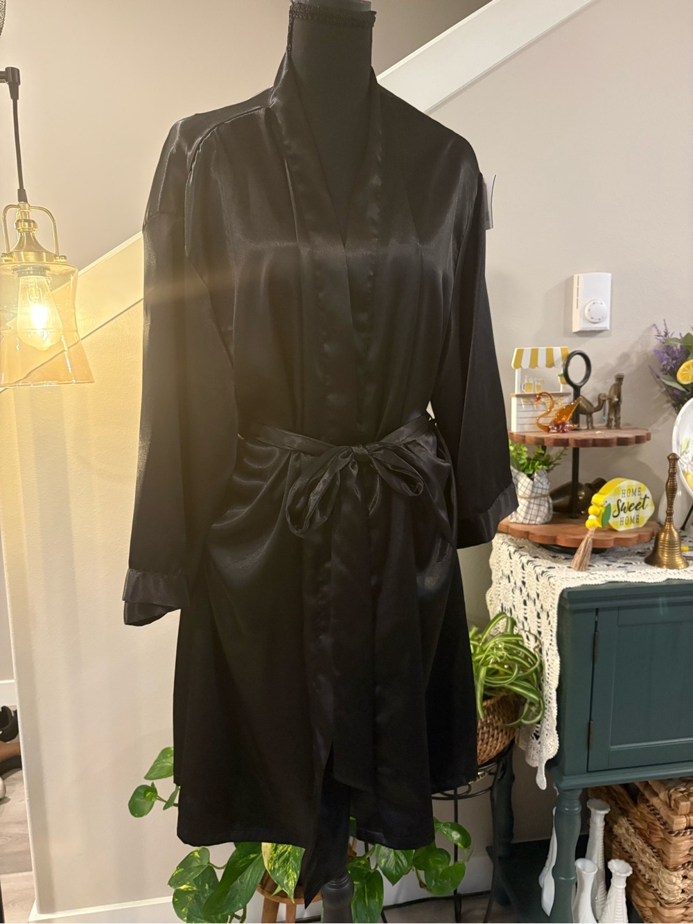 Silky Black Satin Tie-Waist Robe - Women's Intimates & Sleepwear
